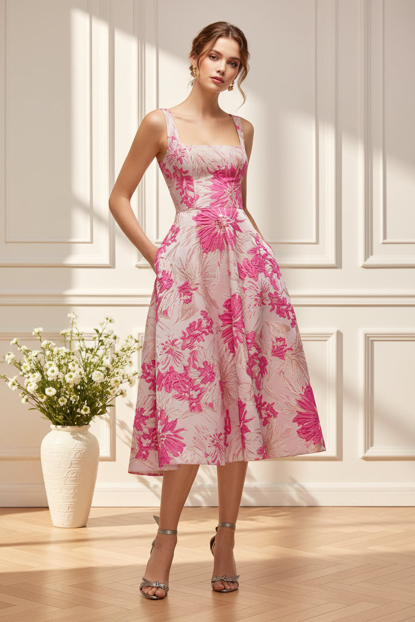Square Neck Floral Jacquard Midi Dress