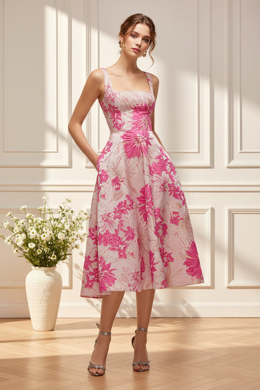 Square Neck Floral Jacquard Midi Dress