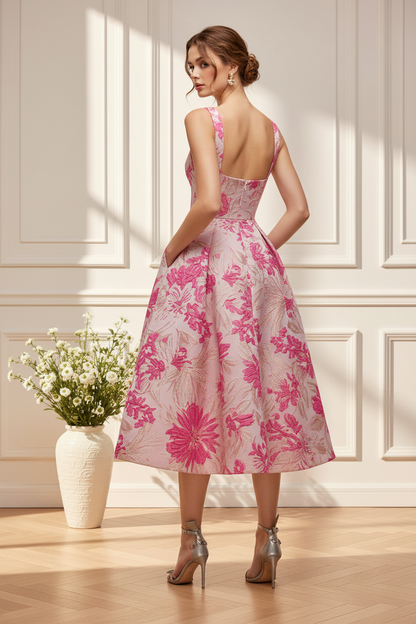 Square Neck Floral Jacquard Midi Dress