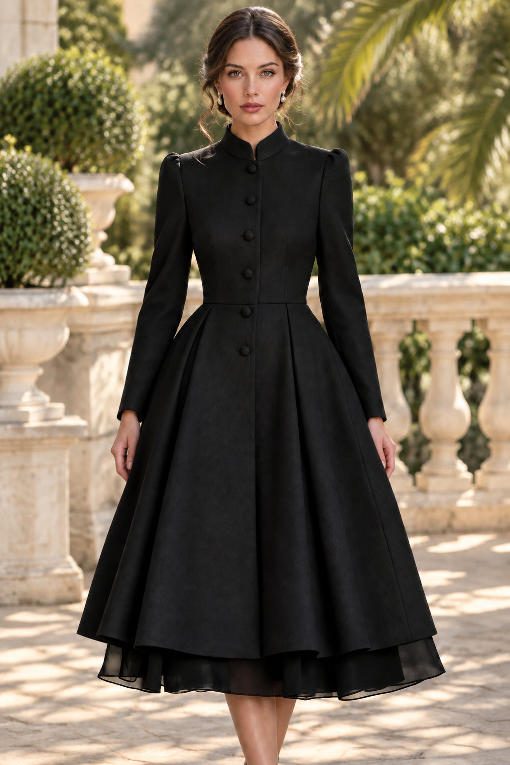 Pleated A-Line Coat Dress with Mandarin Collar