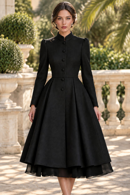 Pleated A-Line Coat Dress with Mandarin Collar