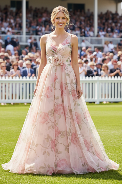 Floral A-Line V-Back Evening Gown