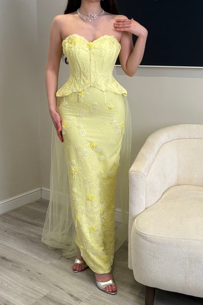 Strapless Corset Evening Gown with Tulle Train