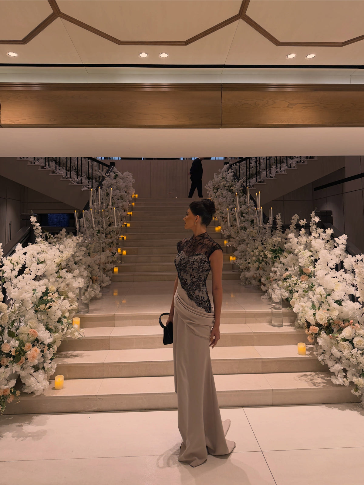 Lace Cap-Sleeve Gown with Draped Waist