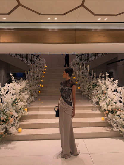 Lace Cap-Sleeve Gown with Draped Waist