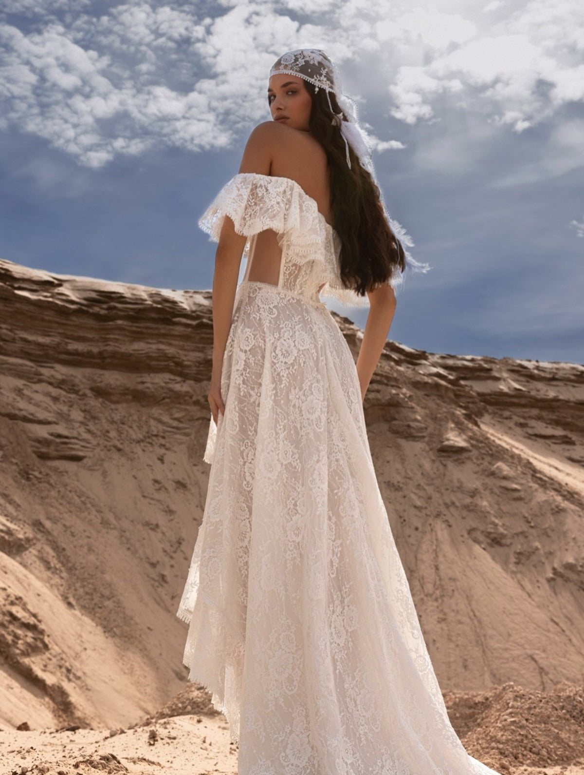 Off-Shoulder Lace High-Low Wedding Dress