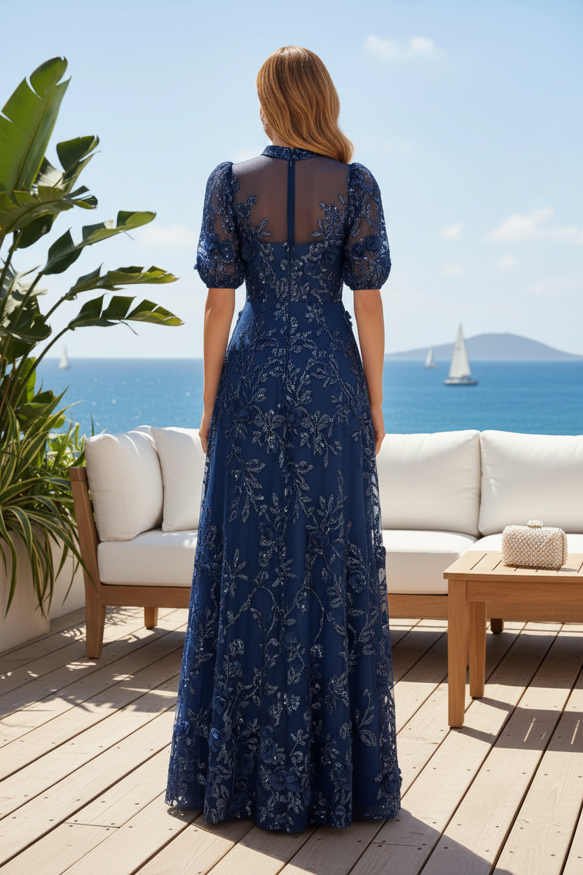 Illusion Neck Floral Sequin A-Line Evening Gown