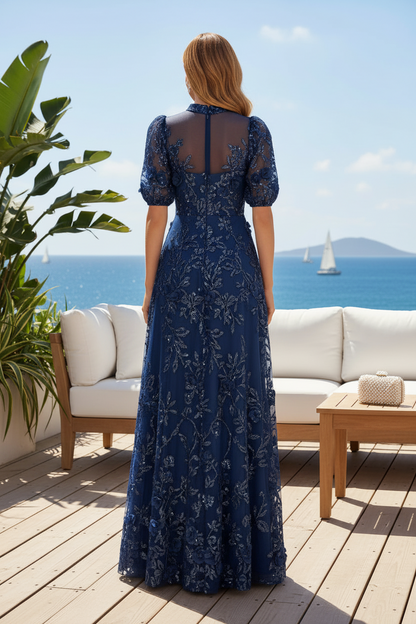 Illusion Neck Floral Sequin A-Line Evening Gown