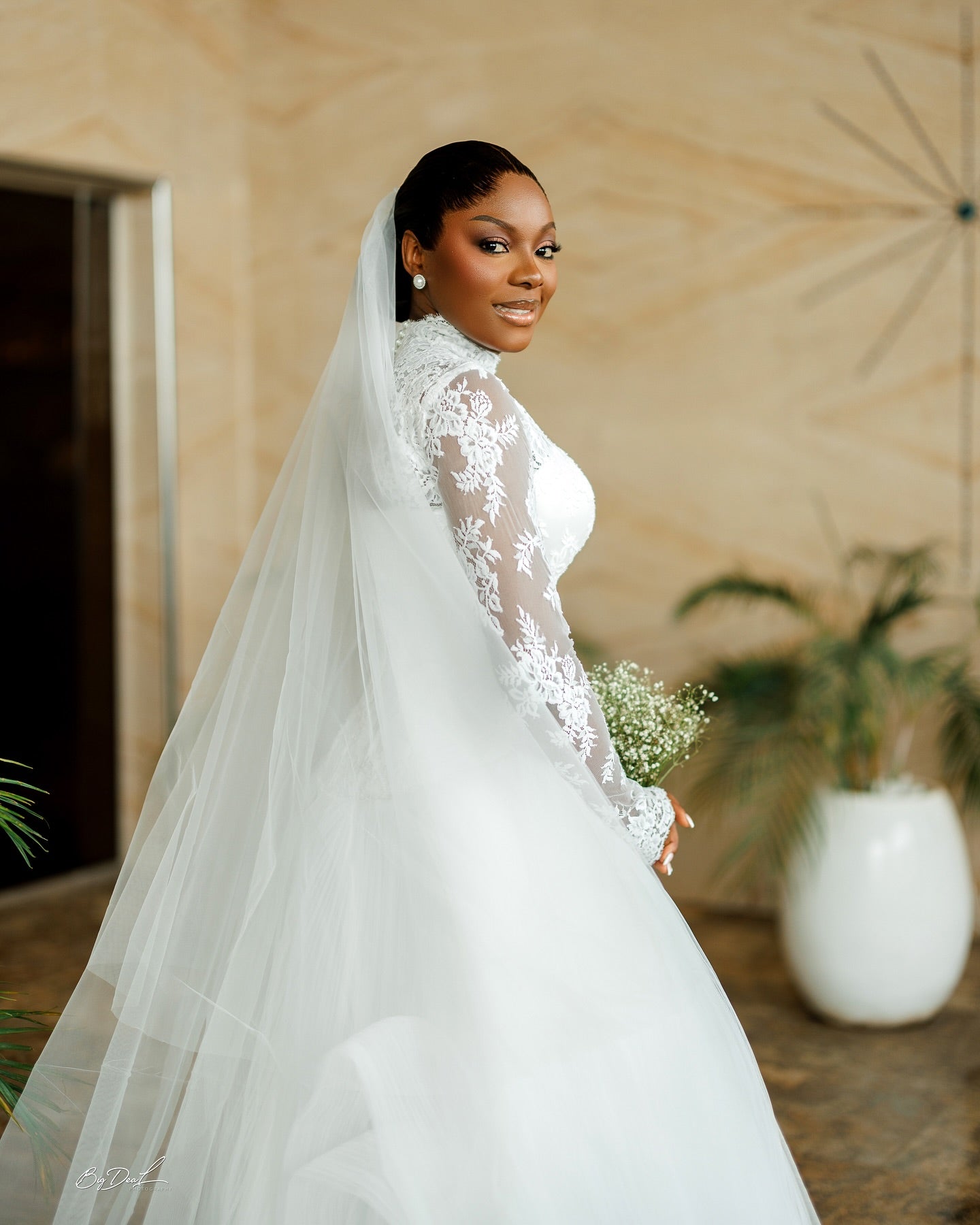 High Neck Lace Long Sleeve Ball Gown Wedding Dress