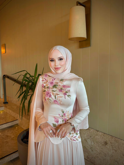 Embroidered Long Sleeve Evening Gown with Cape