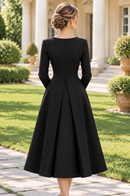 Keyhole Long Sleeve Pleated A-Line Midi Dress