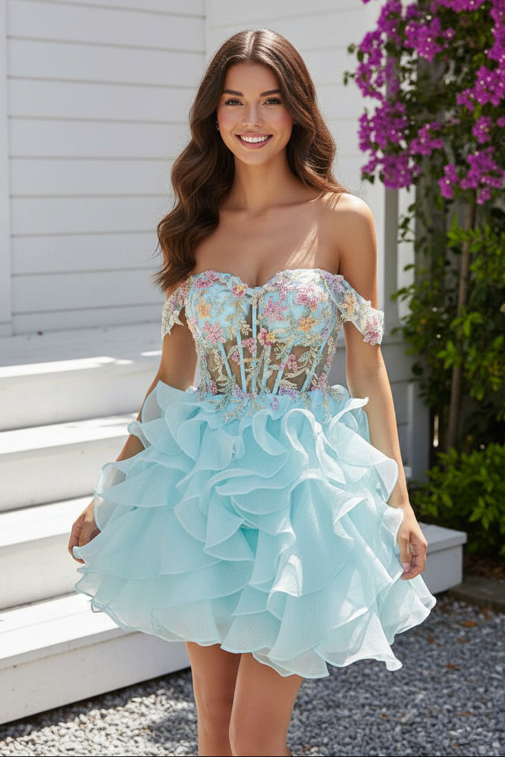 Off-the-Shoulder Floral Corset Ruffled Mini Dress