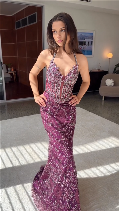 Embellished Corset Halter Mermaid Evening Gown