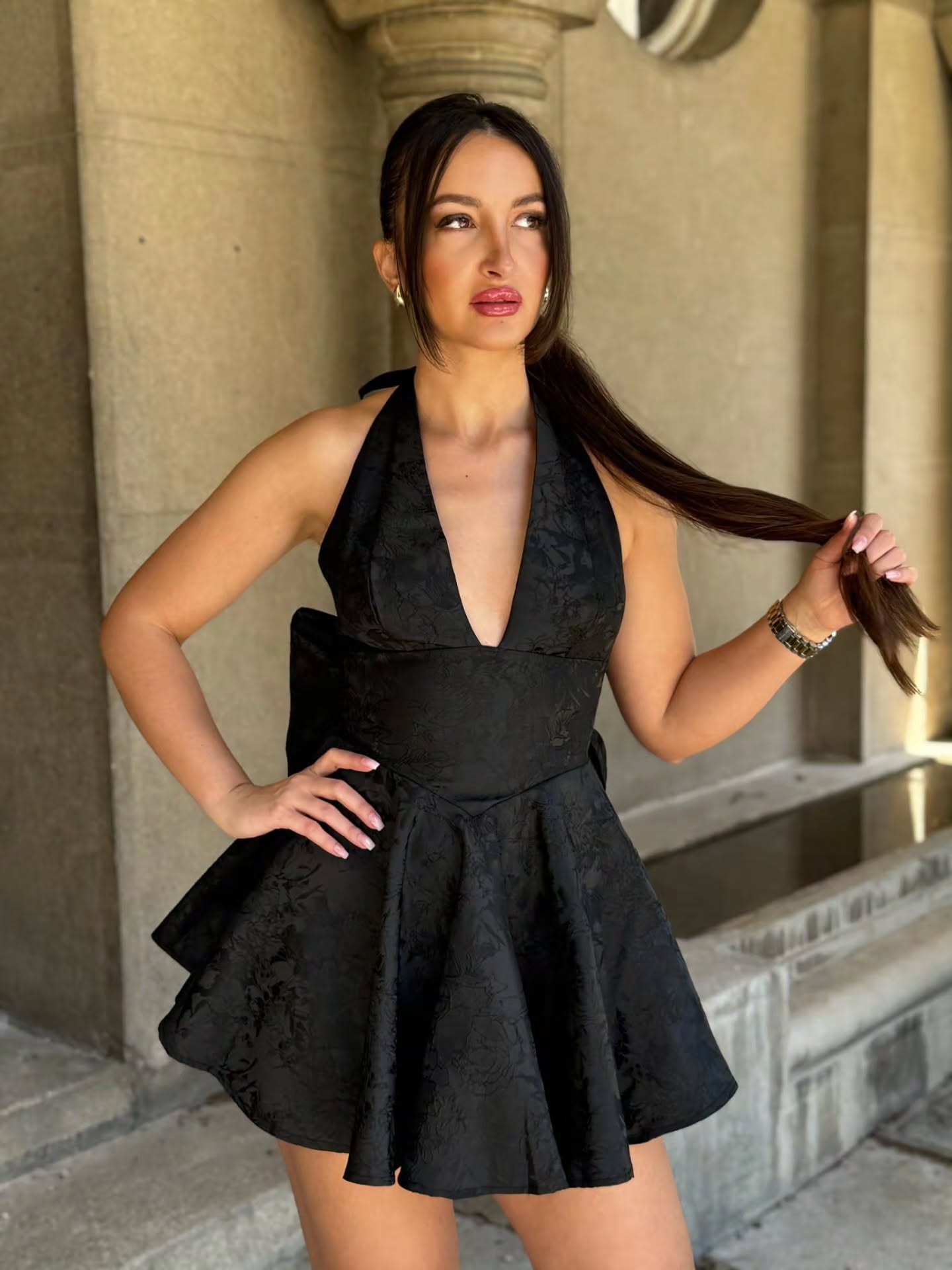 Floral Jacquard Halter Mini Dress with Back Bow