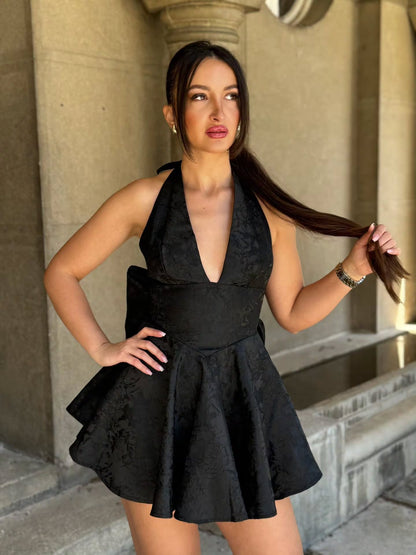 Floral Jacquard Halter Mini Dress with Back Bow