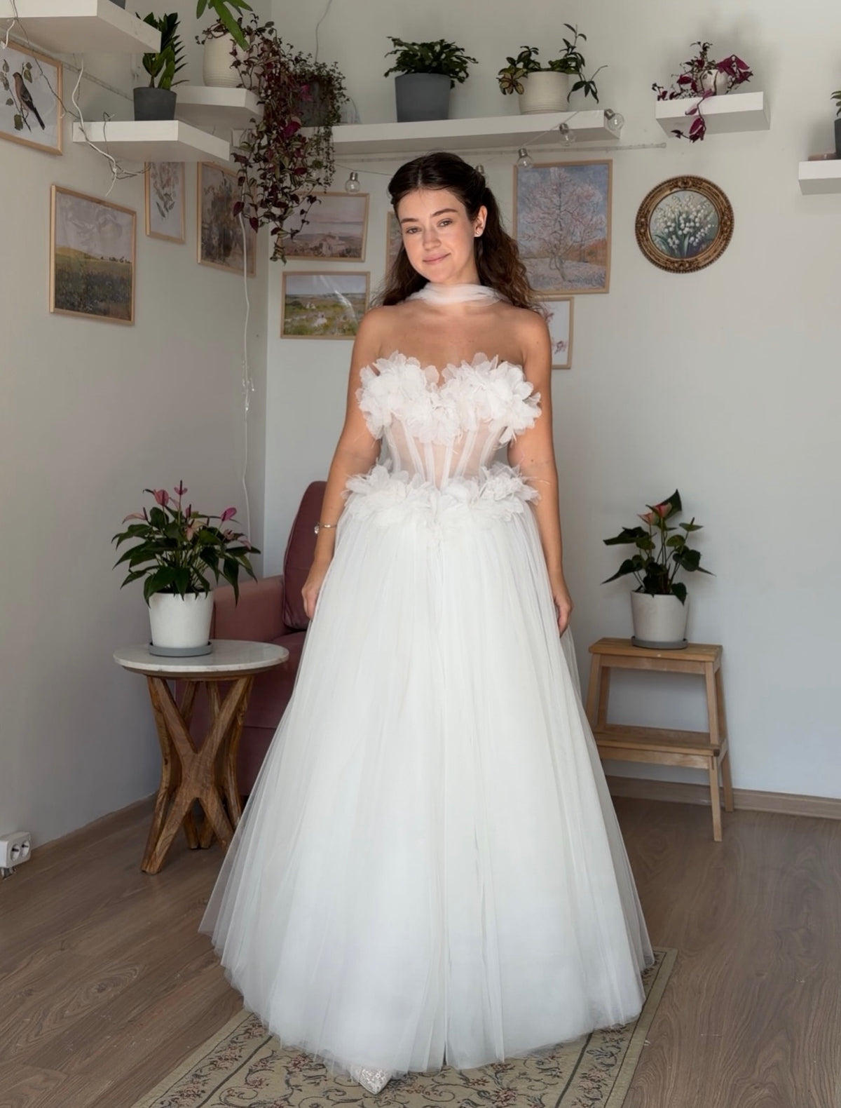 3D Floral Corset Tulle Ball Gown Wedding Dress