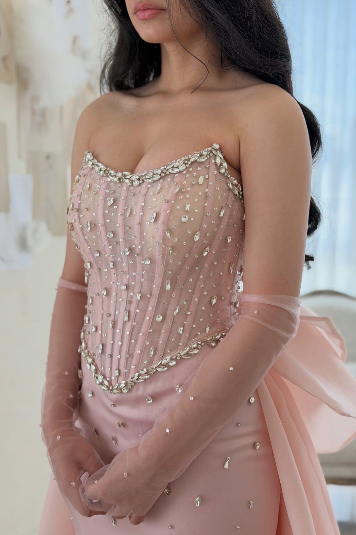 Strapless Corset Gown with Rhinestones & Bow Train