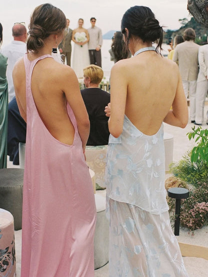 Halter Neck Feather Backless Satin Maxi Dress