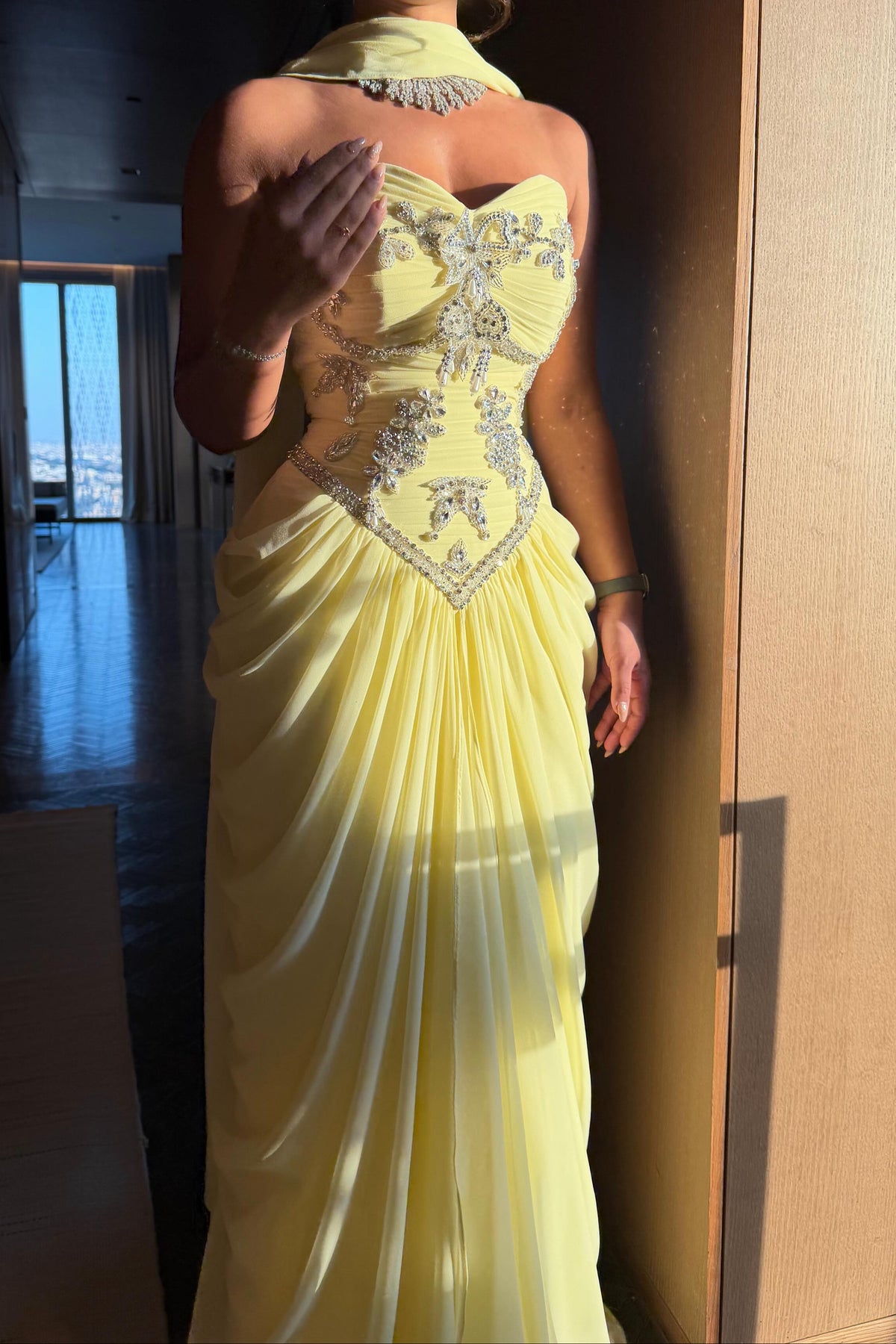 Embellished Corset Drape Evening Gown with Scarf