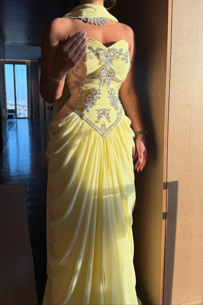 Embellished Corset Drape Evening Gown with Scarf