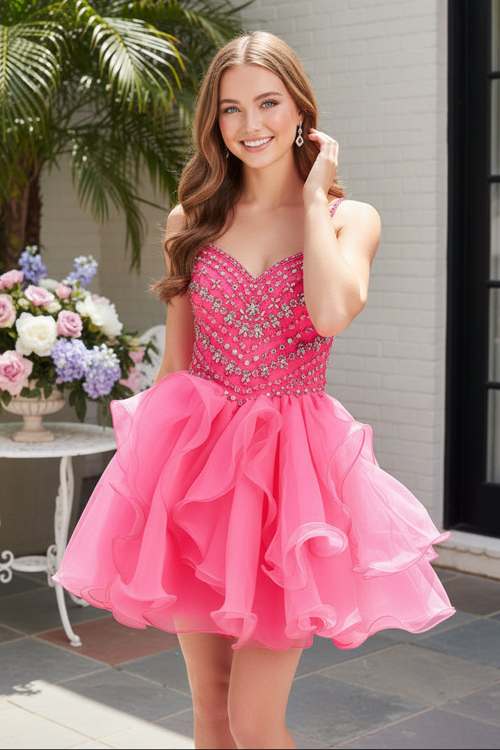 Beaded Sweetheart Ruffled Organza Mini Dress