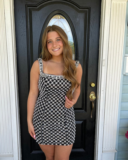 Pearl Embellished Grid Pattern Mini Dress