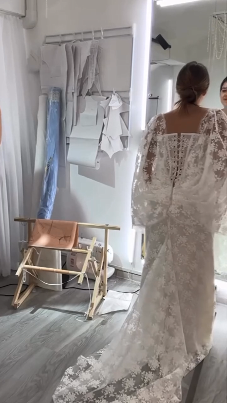 Lace Corset Wedding Dress with Draped Sleeves
