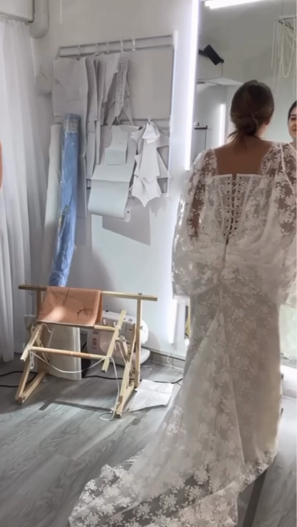 Lace Corset Wedding Dress with Draped Sleeves