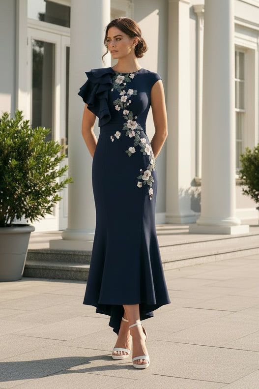 Asymmetrical Ruffled Floral Embroidered Midi Dress