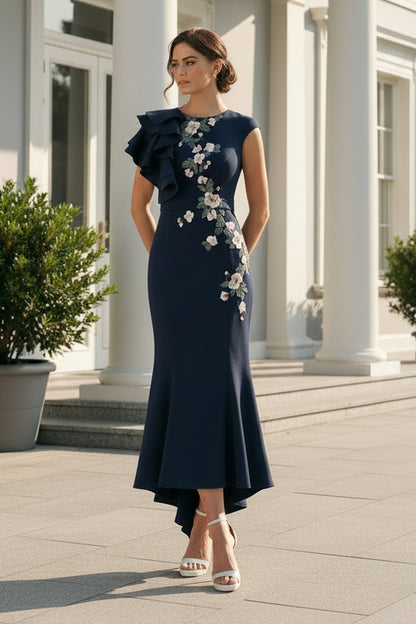Asymmetrical Ruffled Floral Embroidered Midi Dress