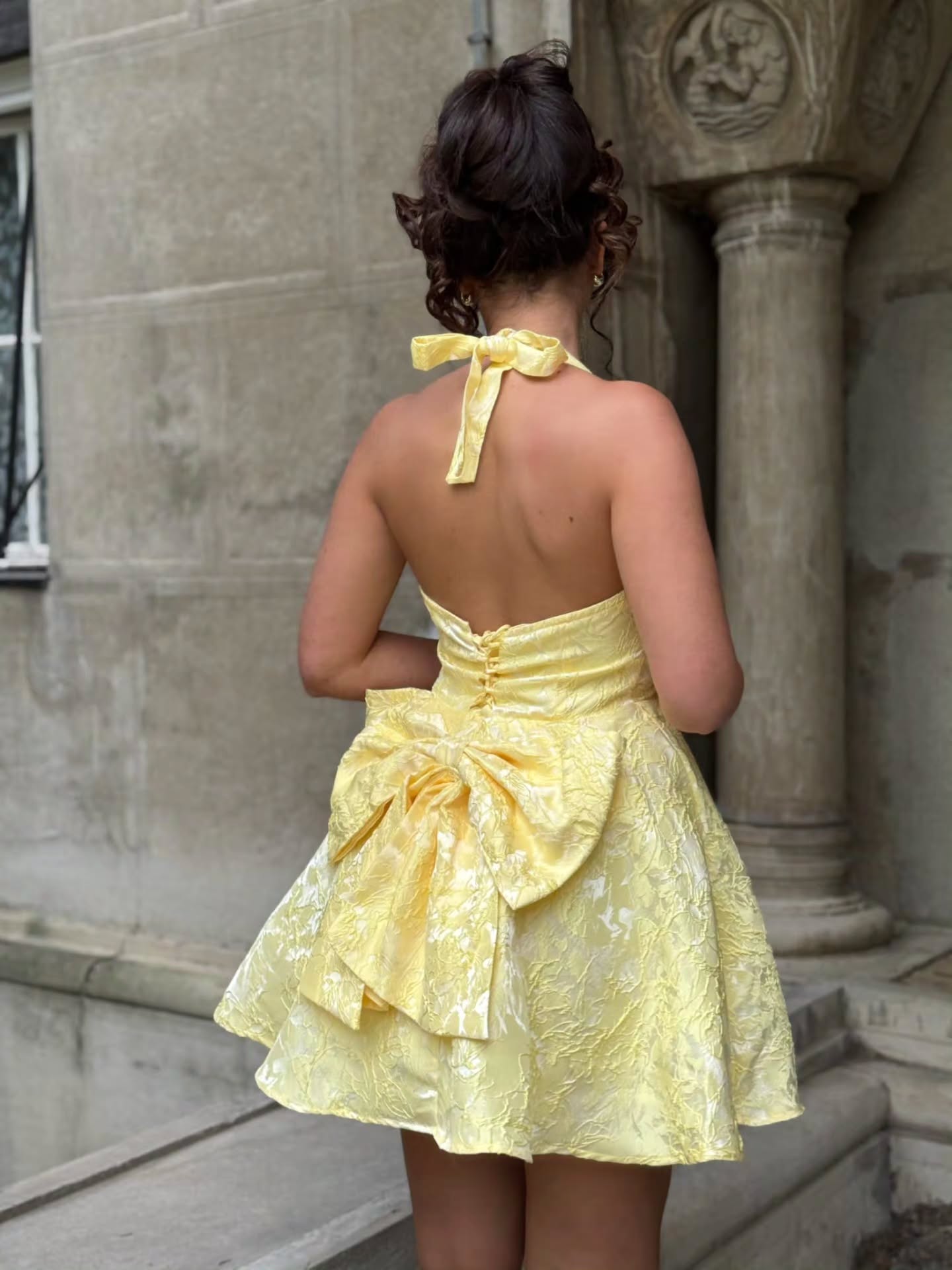 Floral Jacquard Halter Mini Dress with Back Bow