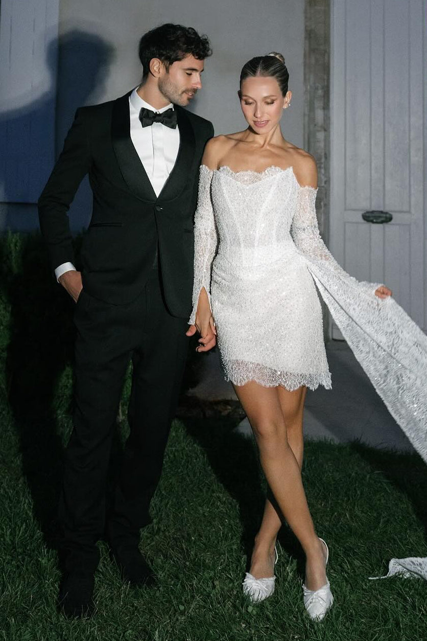 Lace Corset Mini Wedding Dress with Cape Sleeves