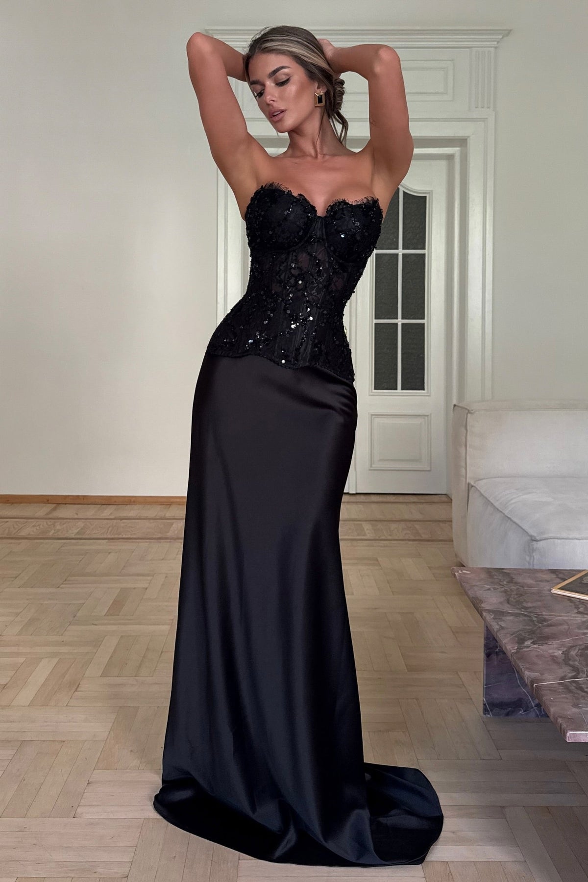 Strapless Beaded Corset Satin Maxi Gown