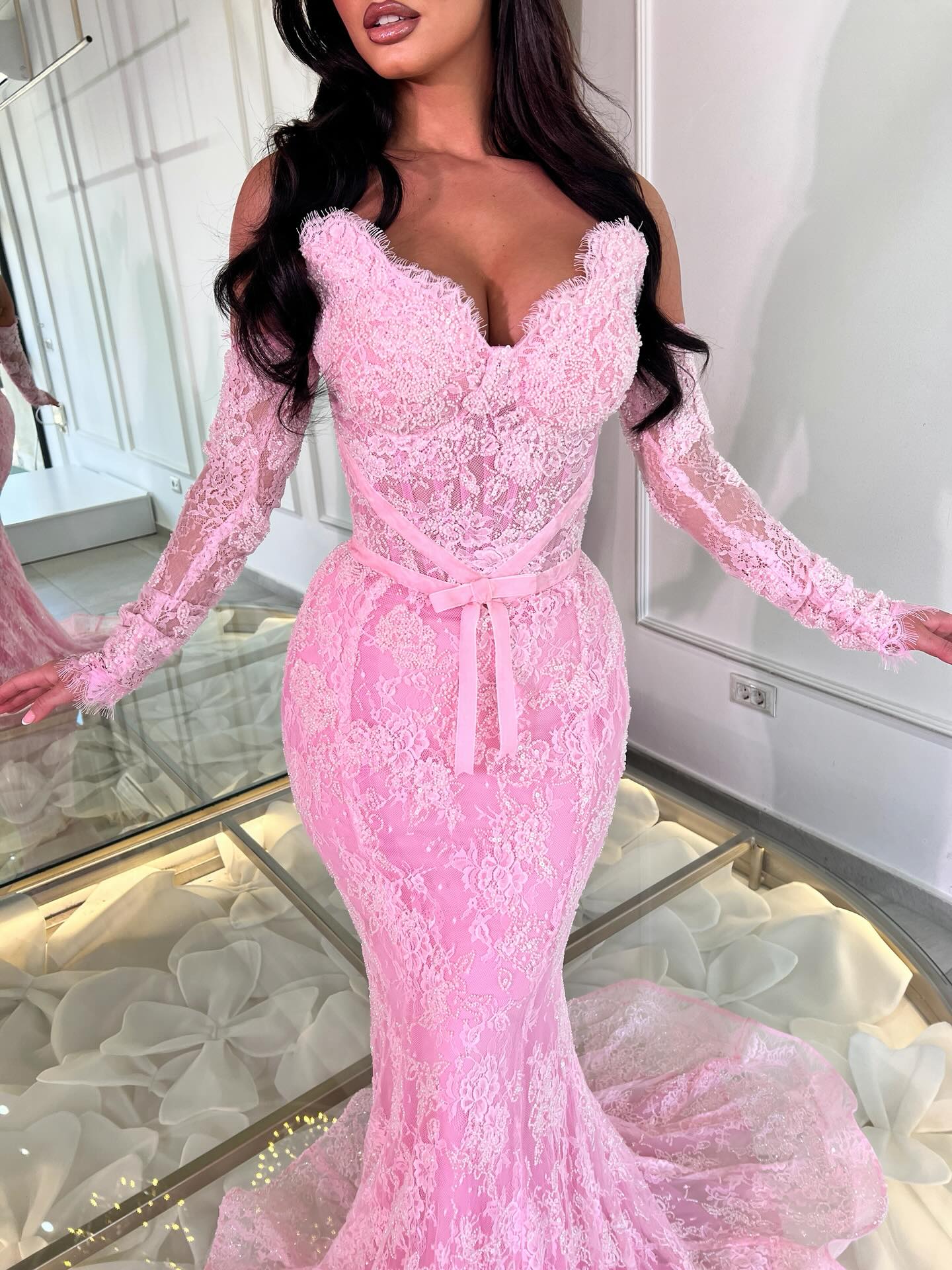 Off-the-Shoulder Lace Mermaid Gown with Corset Back