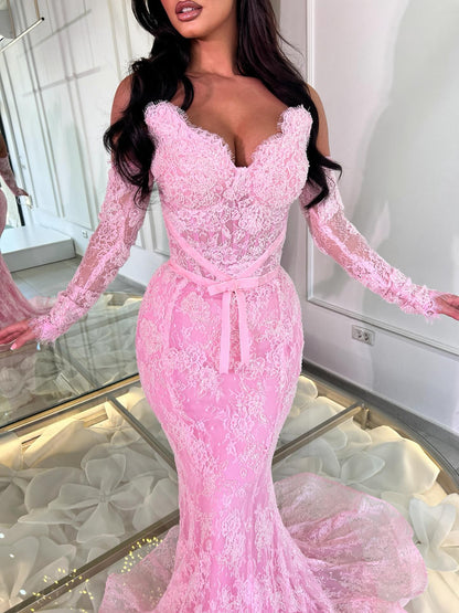 Off-the-Shoulder Lace Mermaid Gown with Corset Back