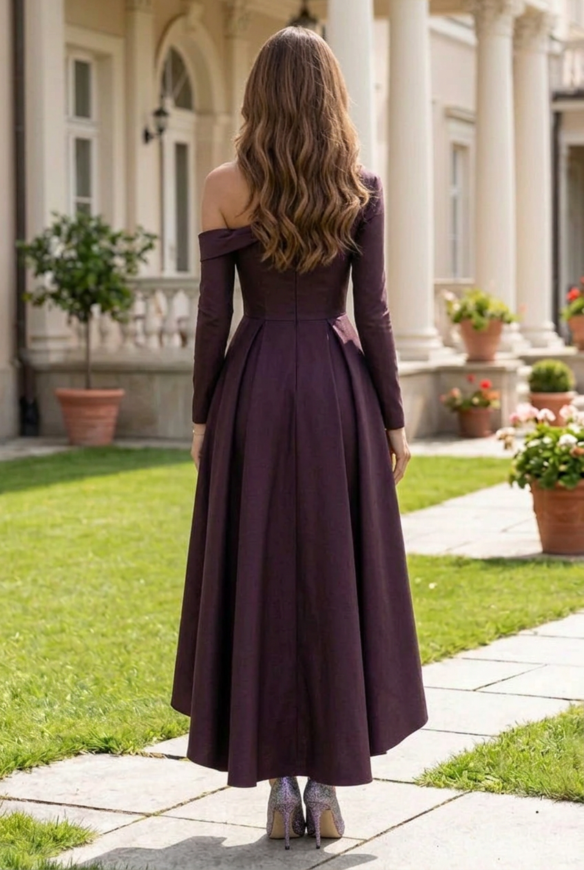 One-Shoulder Pleated High-Low Evening Dress