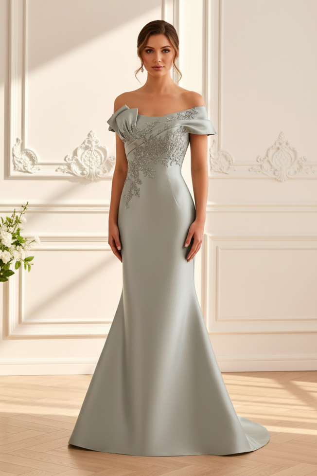 Off-Shoulder Applique Mermaid Evening Gown