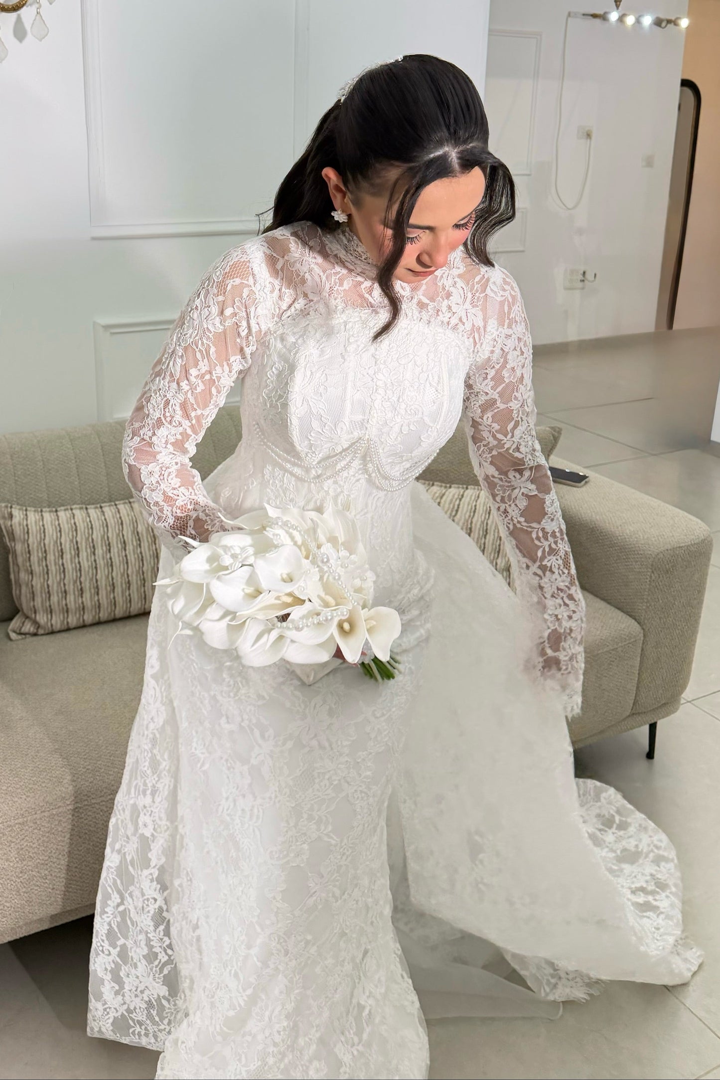 High Neck Lace Mermaid Wedding Dress with Train