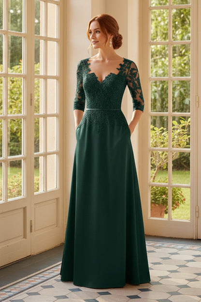 Lace 3/4 Sleeve A-Line Satin Formal Gown with Pockets