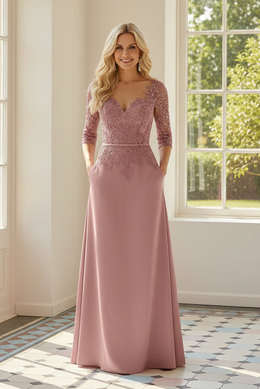 Lace 3/4 Sleeve A-Line Satin Formal Gown with Pockets