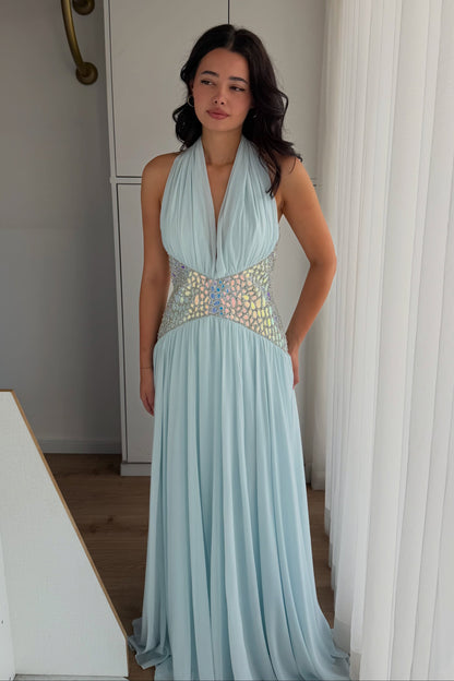 Halter Pleated Chiffon Evening Gown with Crystal Waist