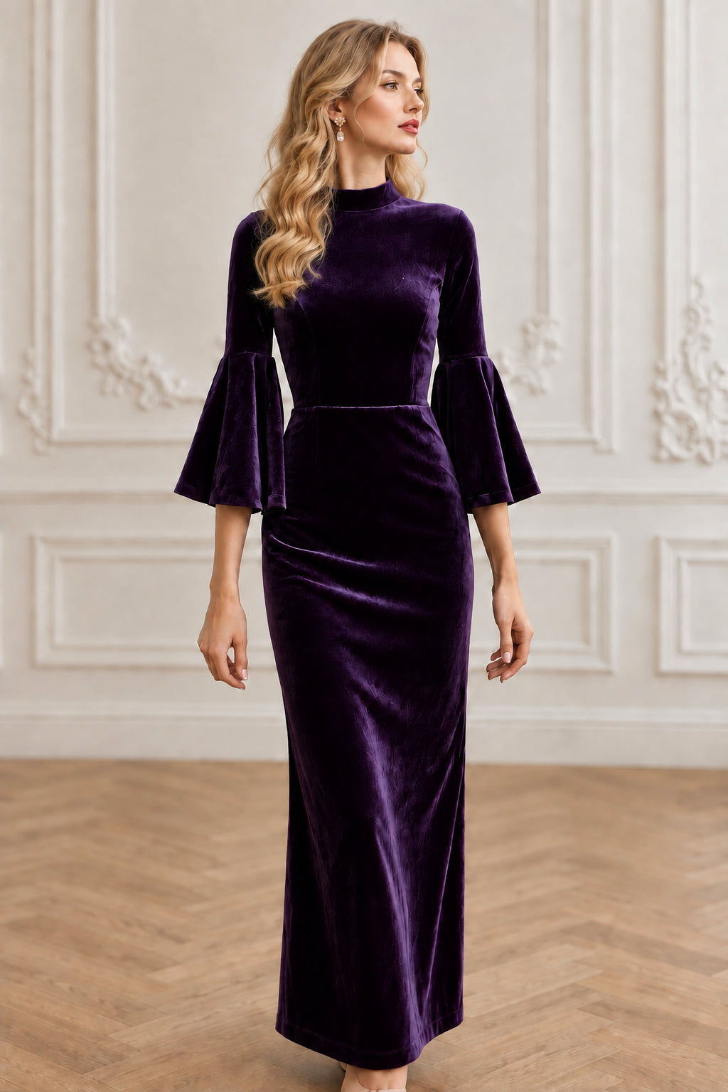High-Neck Velvet Midi Dress with Bell Sleeves