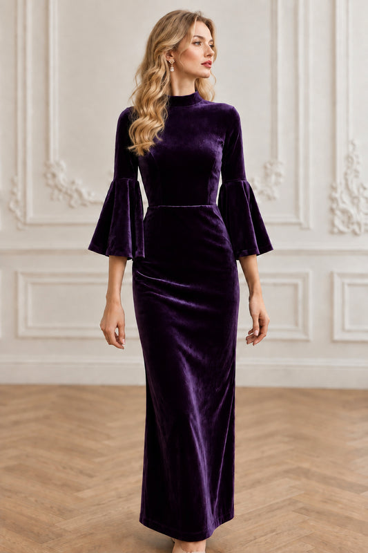 High-Neck Velvet Midi Dress with Bell Sleeves