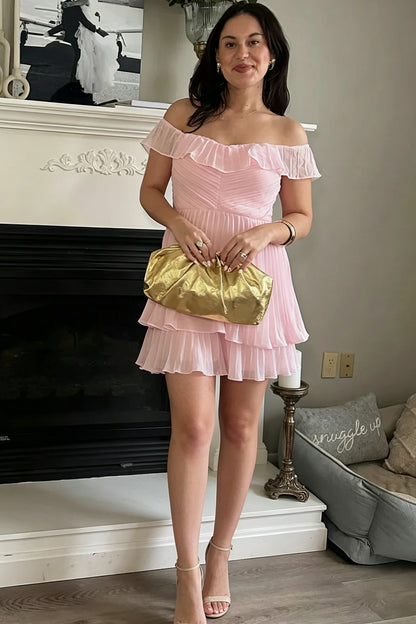 Off-the-Shoulder Pleated Tiered Mini Dress
