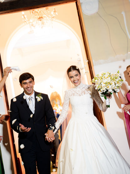 Long Sleeve Lace Bodice Ball Gown Wedding Dress