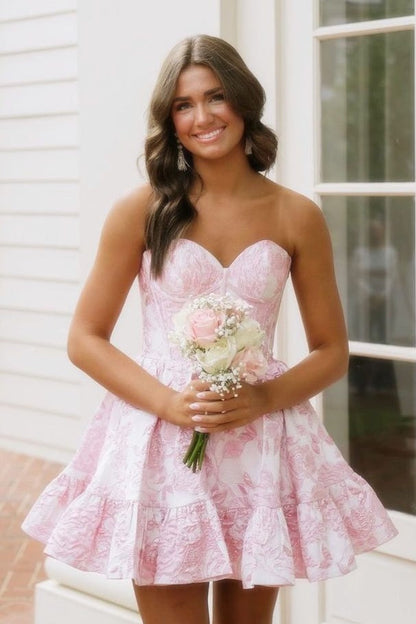 Strapless Corset Floral Jacquard Tiered Mini Dress
