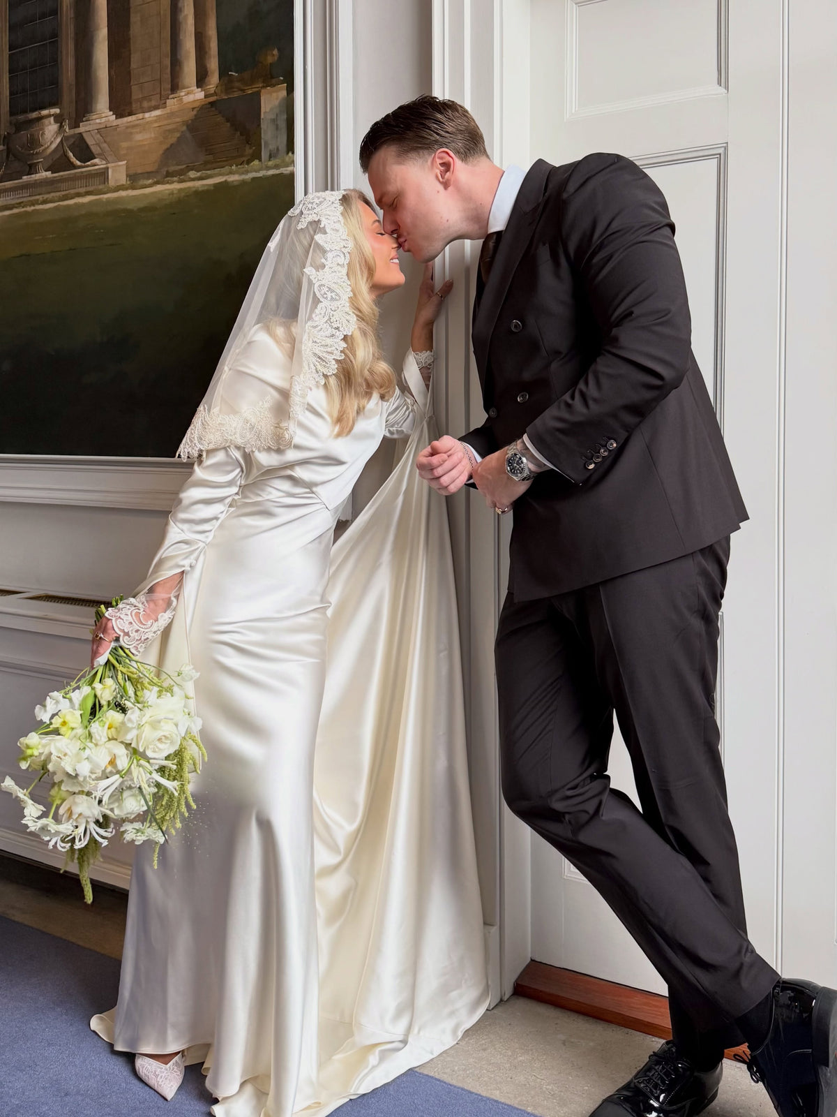 Satin Sheath Wedding Dress with Draped Sleeves