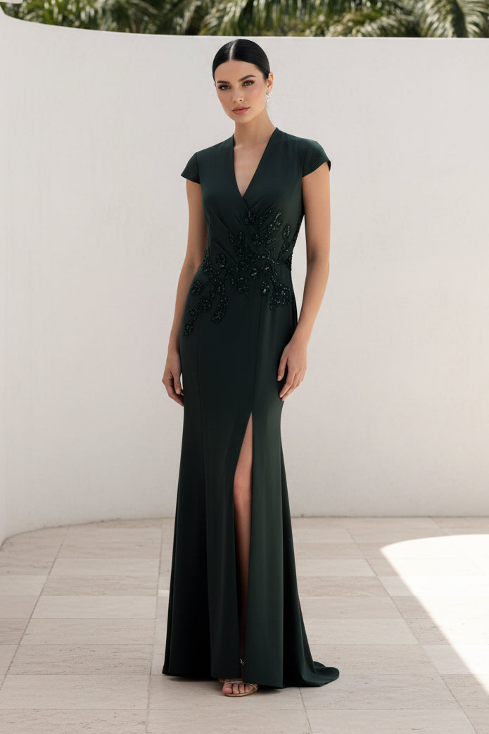 Beaded V-Neck Column Gown with Slit