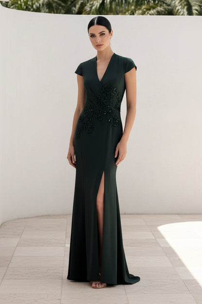 Beaded V-Neck Column Gown with Slit