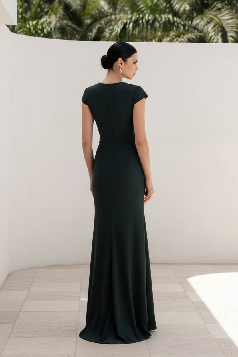 Beaded V-Neck Column Gown with Slit
